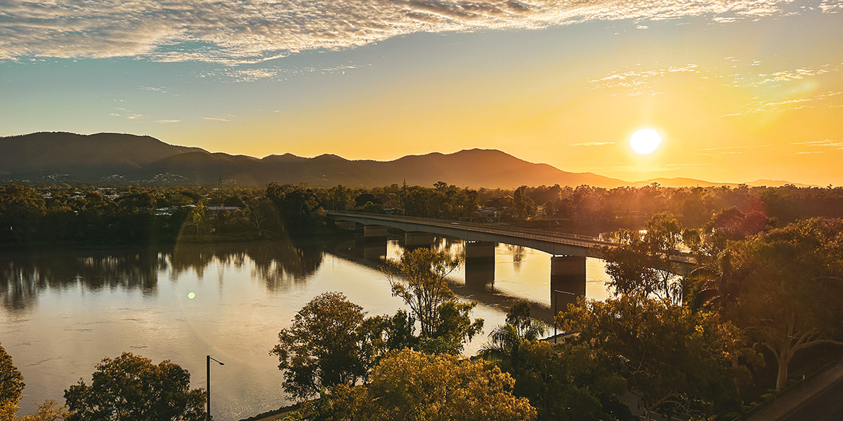 A view of the Fitzroy River from the hotel balcony at sunset