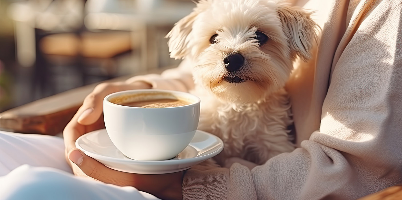 Fluffy white toy dog sitting on their owner's lap with coffee in hand.