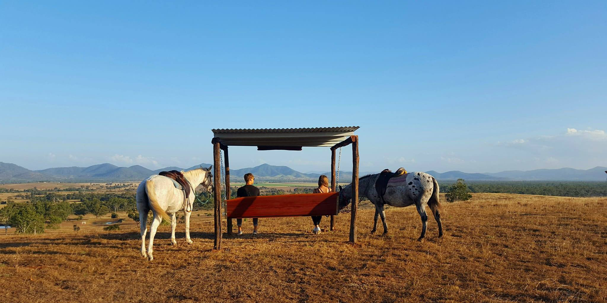 Two people sitting on a mountain top with their horses overlooking a mountainous view