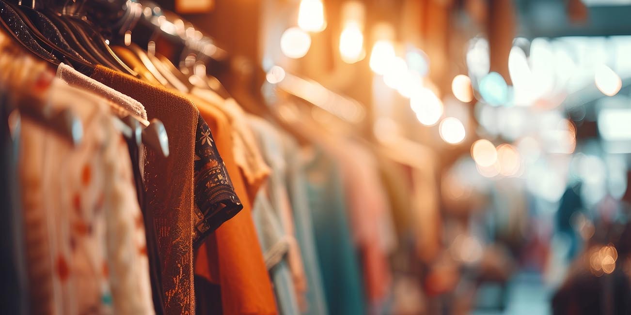 Stock photo of vintage and pre-loved womens clothing on hangers blurring out into the distance.