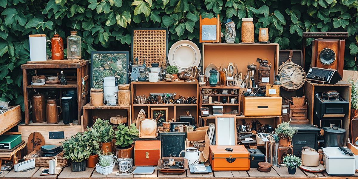 Neatly stacked second hand homewares including suitcases, shelving, vases and more bundled together on a leafy background.