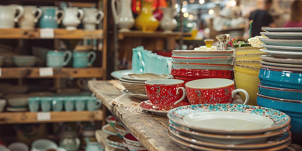 A close up shot of neatly stacked second hand plates, cups and other crockery.