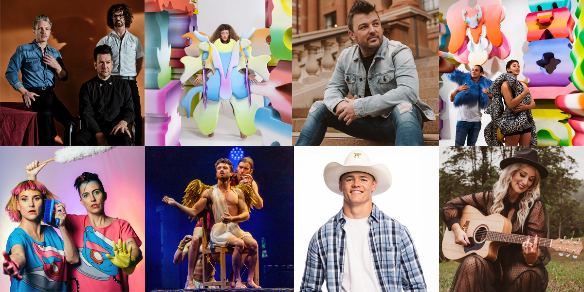 A picture collage of musicians and artist performing at Rockhampton River Festival.