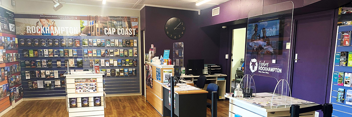 Internal image of the Visitor Information Centre featuring brochures of Rockhampton and across the state